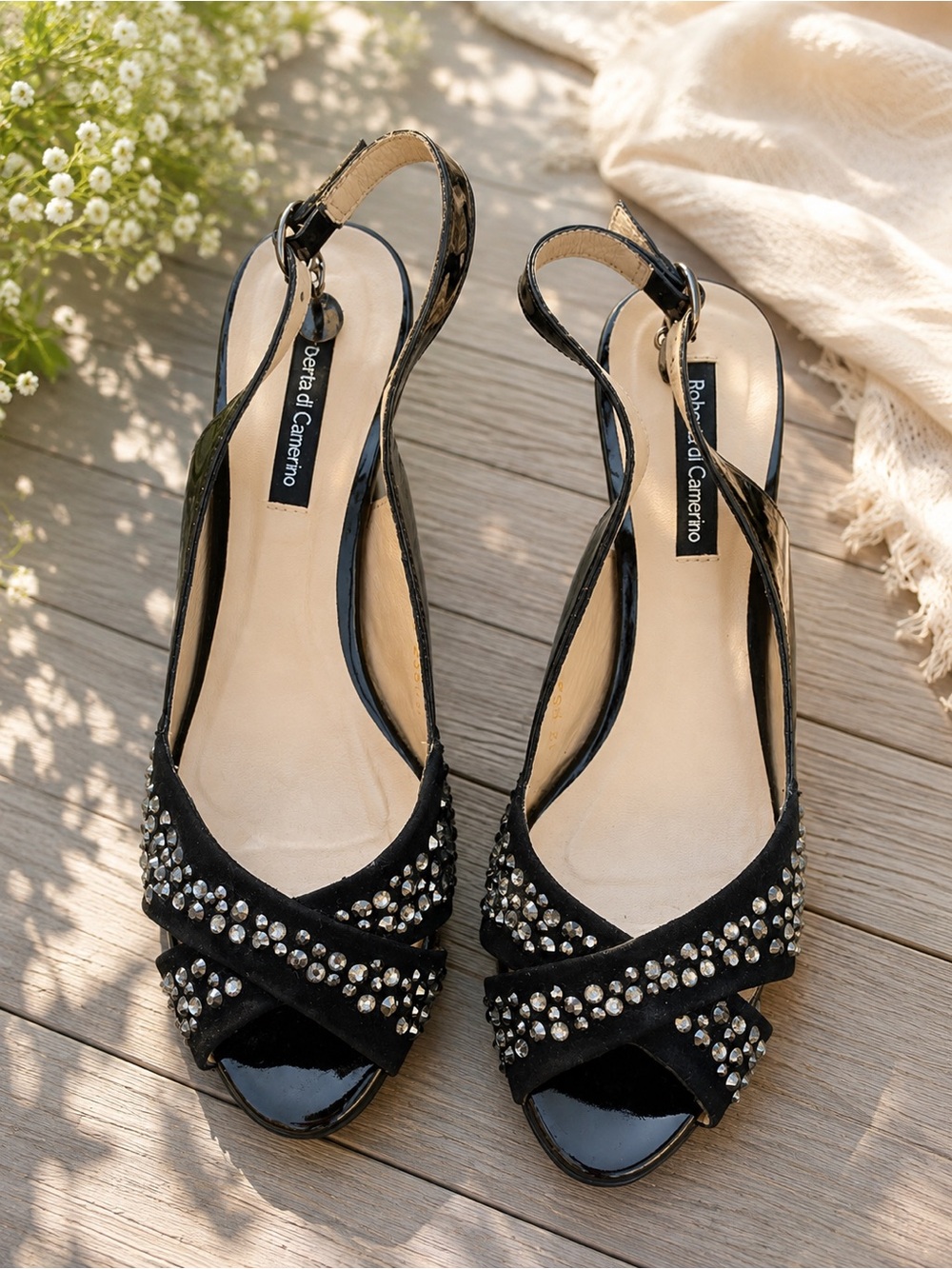 Black Rhinestone Suede-Look High Heel Slingback Sandals